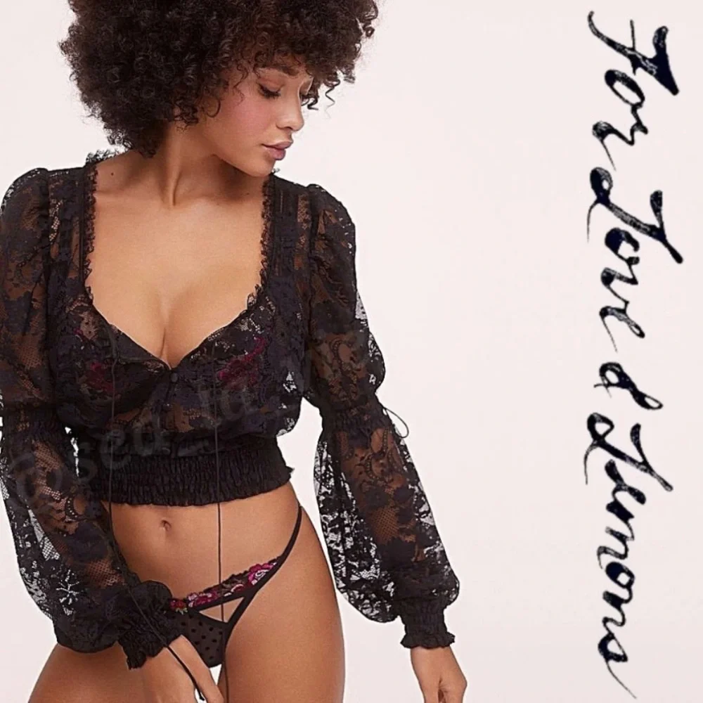 New! For Love and Lemons Claire black lace smocked waist top 15314